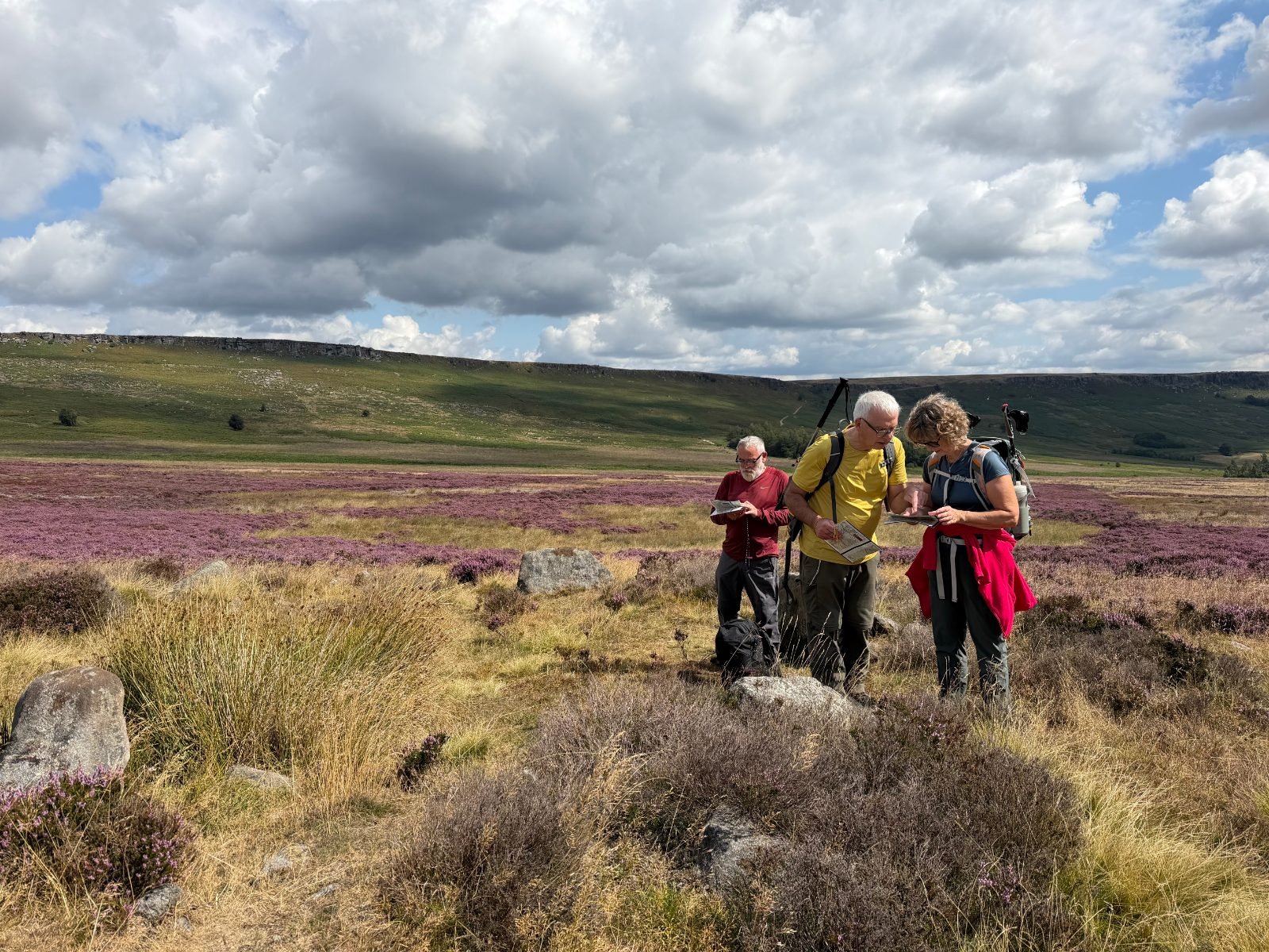 A group practising navigation on a Peak District moor